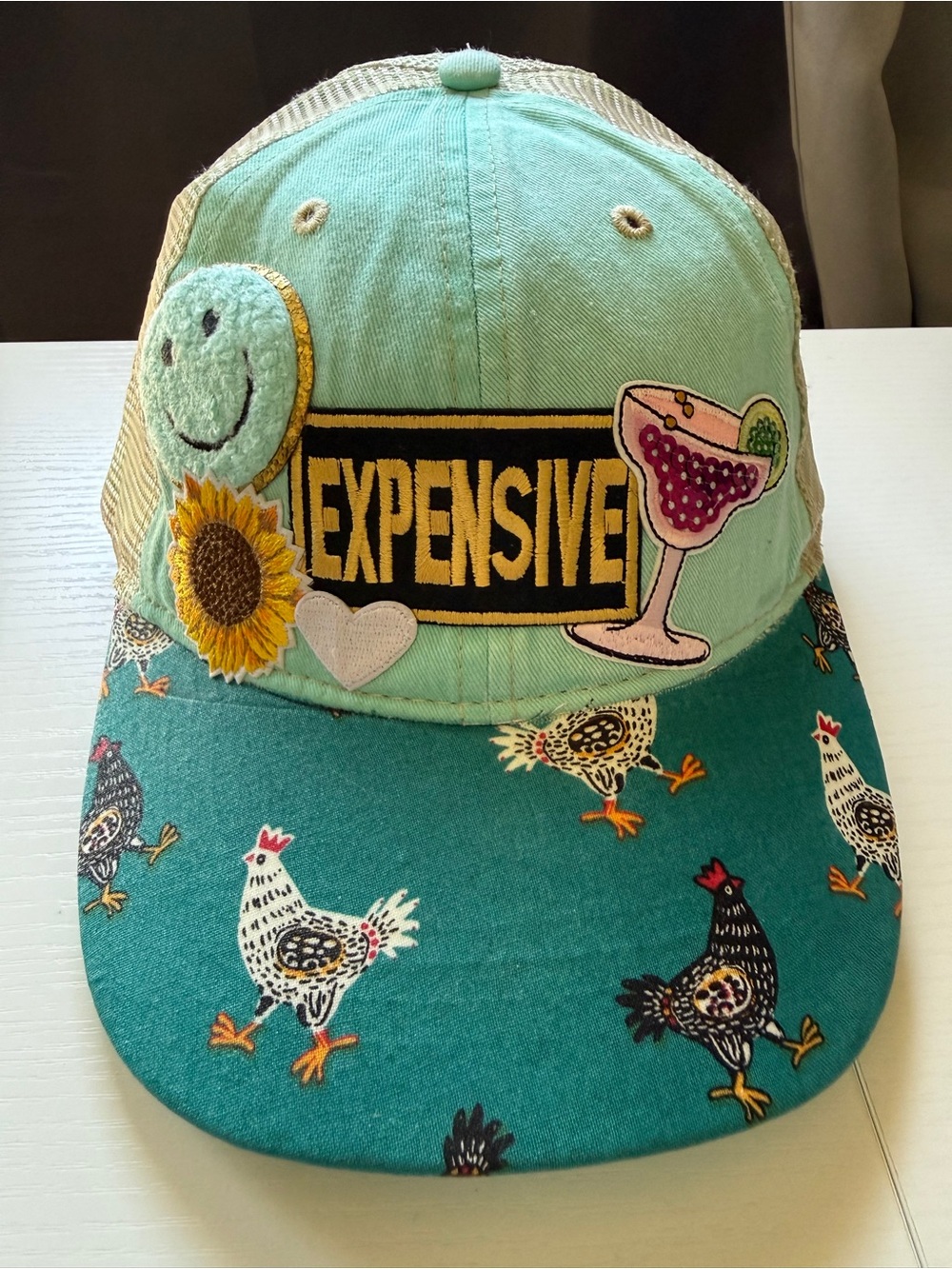 EXPENSIVE Patch Trucker Hat with Chicken Print Mesh SnapBack OS